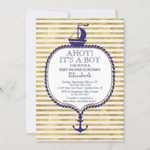 Modern Nautical Gold Stripe Sailboat Baby Shower Invitation