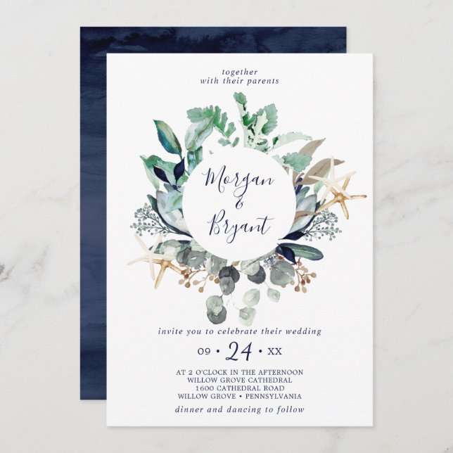 Modern Nautical | Greenery All In One Wedding Invitation (Front/Back)