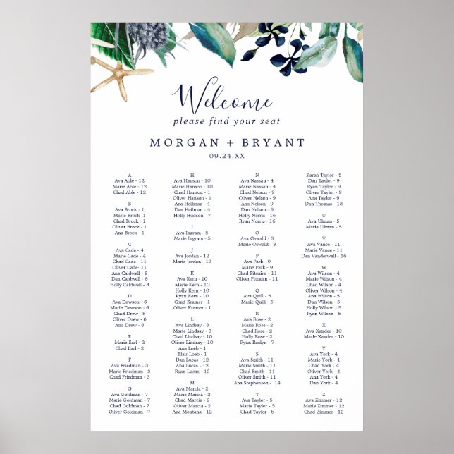 Modern Nautical Greenery Alphabetical Seating Poster (Front)