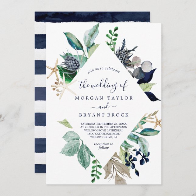 Modern Nautical Greenery Diamond Geometric Wedding Invitation (Front/Back)