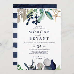 Modern Nautical Greenery Navy Stripe Wedding Invitation
