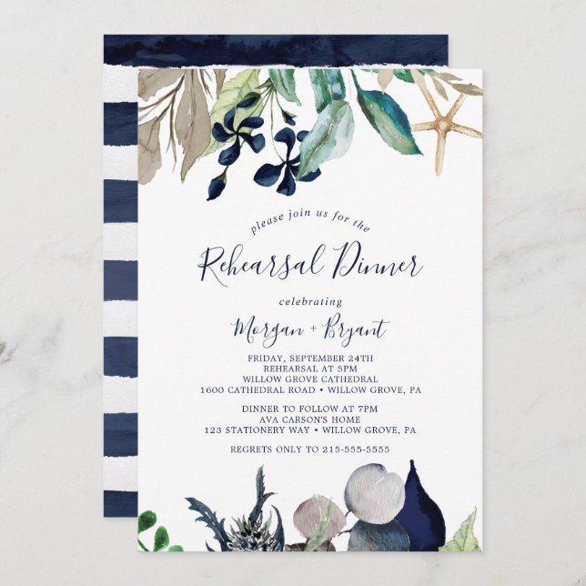 Modern Nautical | Greenery Rehearsal Dinner Invitation (Front/Back)