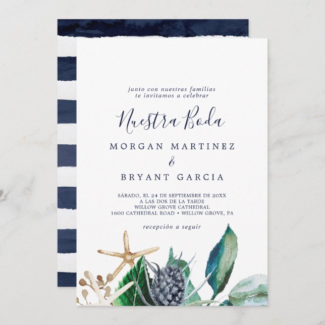 Modern Nautical | Greenery Spanish Nuestra Boda Invitation (Front/Back)