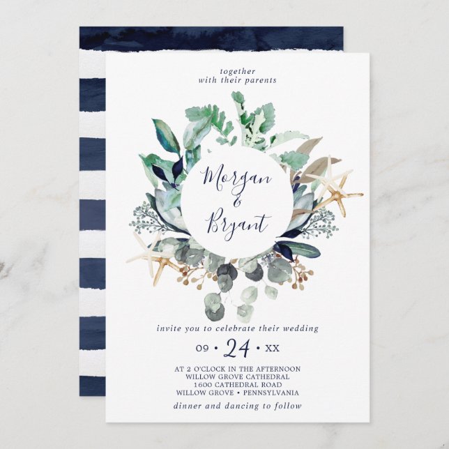 Modern Nautical | Greenery Wreath Wedding Invitation (Front/Back)