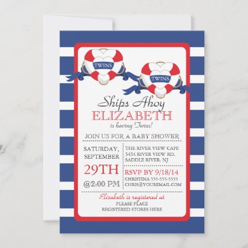 Modern Nautical Heart Buoy Twins Baby Shower Invitations