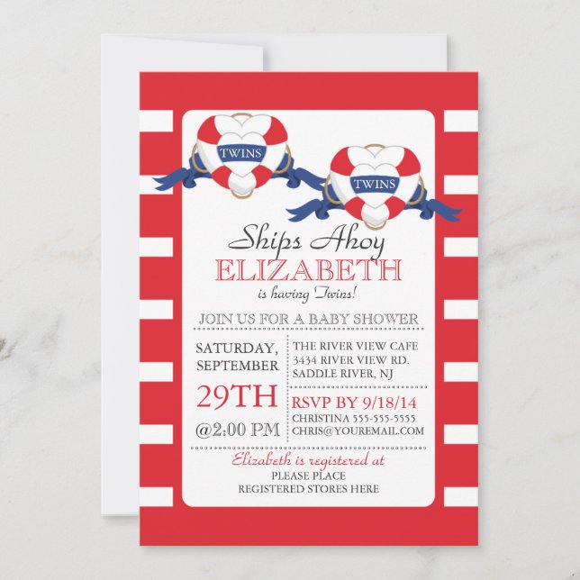 Modern Nautical Heart Buoy Twins Baby Shower Invitation (Front)