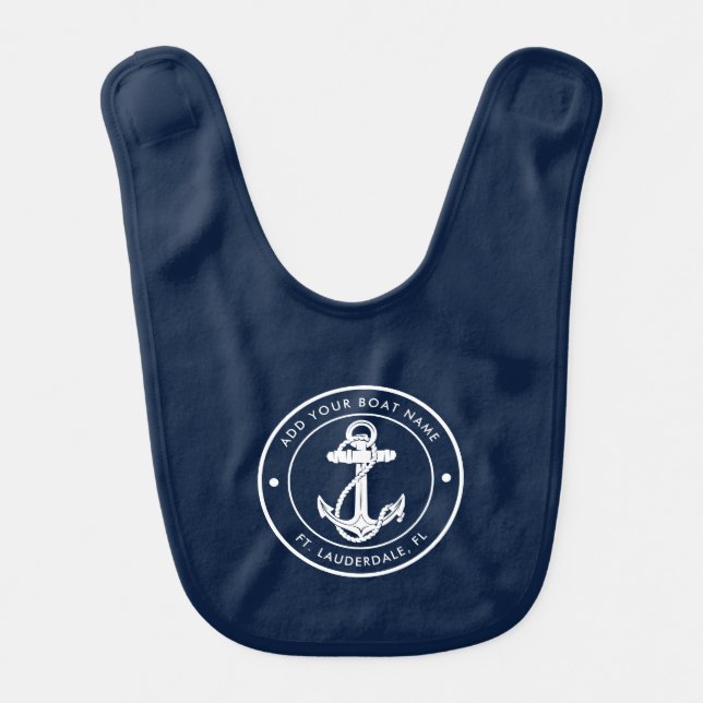 Modern Nautical Navy Blue Anchor Boat Name Baby Bib (Front)