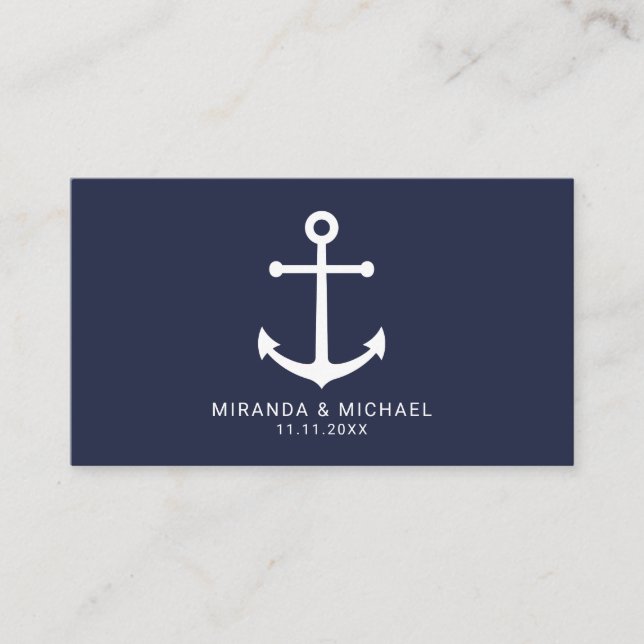 Modern Nautical Navy Blue Anchor Wedding Business Card (Front)