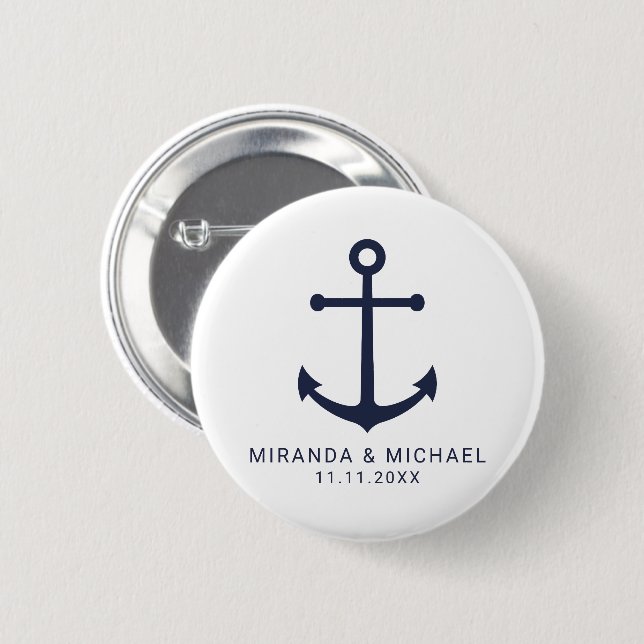 Modern Nautical Navy Blue Anchor Wedding Favor Button (Front & Back)