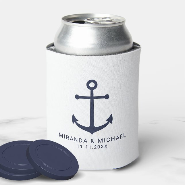 Modern Nautical Navy Blue Anchor Wedding Favor Can Cooler (Creator Uploaded)