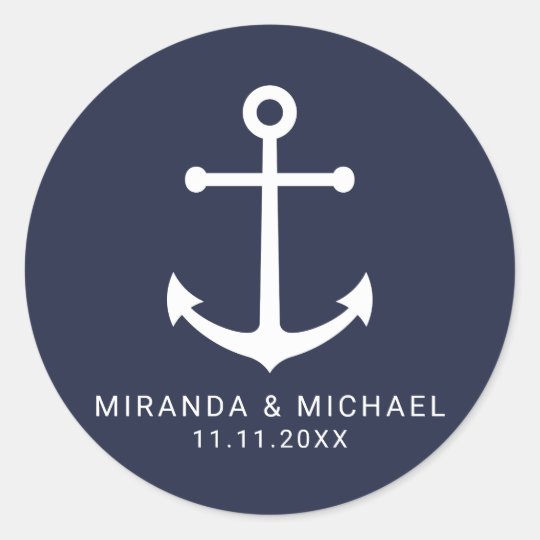 Modern Nautical Navy Blue Anchor Wedding Favor Classic Round Sticker Zazzle Com