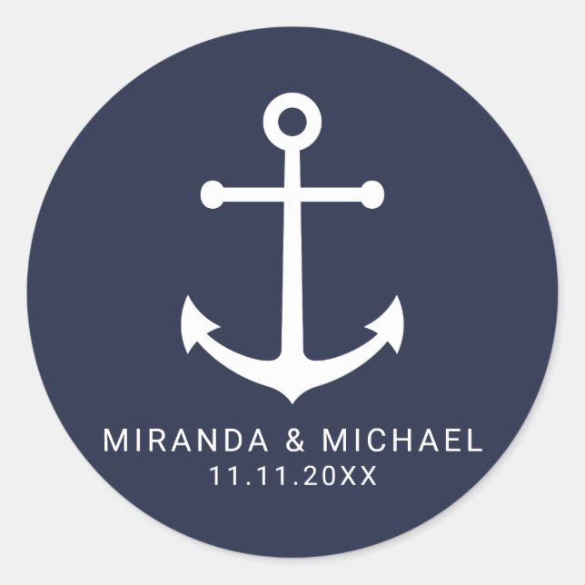 Modern Nautical Navy Blue Anchor Wedding Favor Classic Round Sticker (Front)