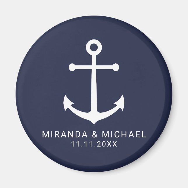 Modern Nautical Navy Blue Anchor Wedding Favor Magnet (Front)