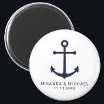 Modern Nautical Navy Blue Anchor Wedding Favor Magnet<br><div class="desc">Modern Minimalist Nautical Navy Blue Anchor Wedding Favor Magnet
featuring navy blue anchor and personalized bride and groom's name with wedding date in navy blue modern sans serif font style on white background.

Perfect for nautical themed wedding,  beach themed wedding and more.</div>