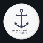 Modern Nautical Navy Blue Anchor Wedding Favor Magnet<br><div class="desc">Modern Minimalist Nautical Navy Blue Anchor Wedding Favor Magnet
featuring navy blue anchor and personalized bride and groom's name with wedding date in navy blue modern sans serif font style on white background.

Perfect for nautical themed wedding,  beach themed wedding and more.</div>