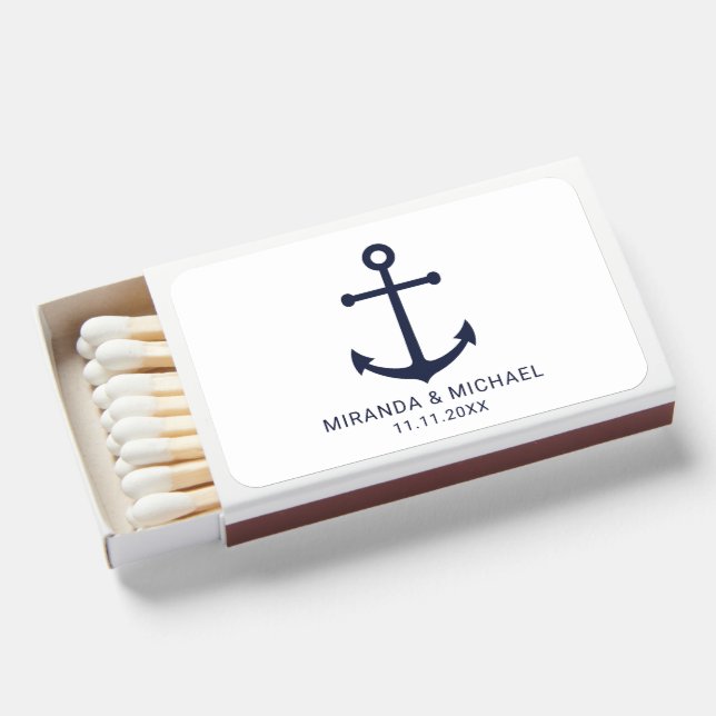 Modern Nautical Navy Blue Anchor Wedding Favor Mat Matchboxes (Front Open)