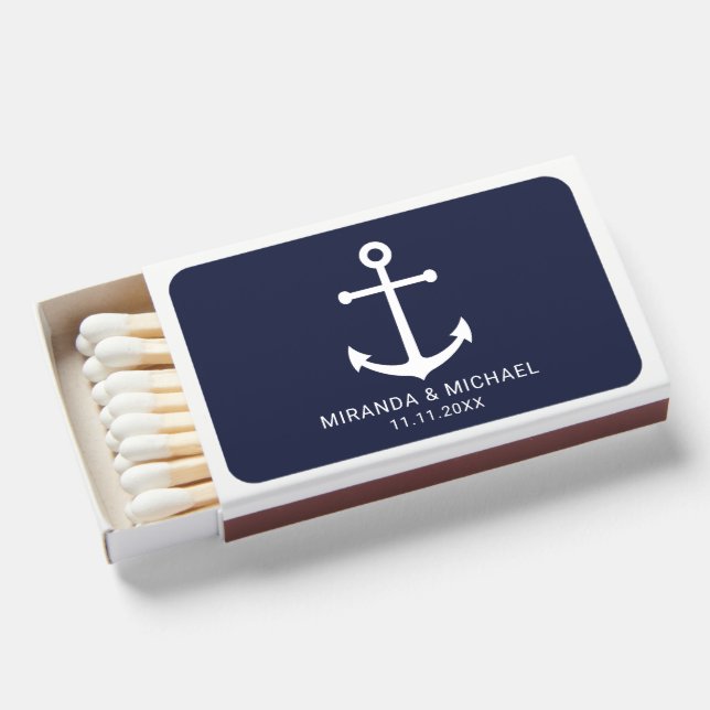 Modern Nautical Navy Blue Anchor Wedding Favor Matchboxes (Front Open)