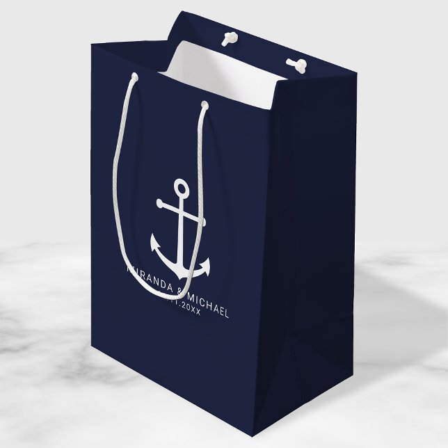 Modern Nautical Navy Blue Anchor Wedding Favor Medium Gift Bag (Creator Uploaded)