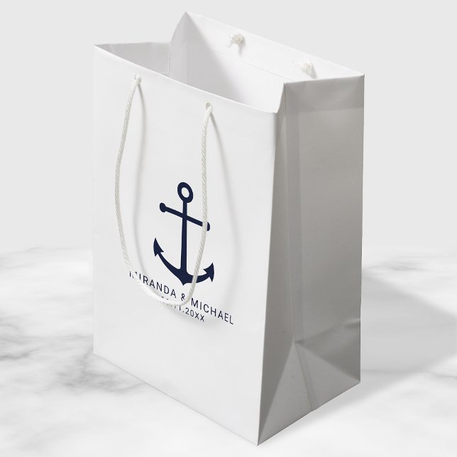 Modern Nautical Navy Blue Anchor Wedding Favor Medium Gift Bag (Creator Uploaded)