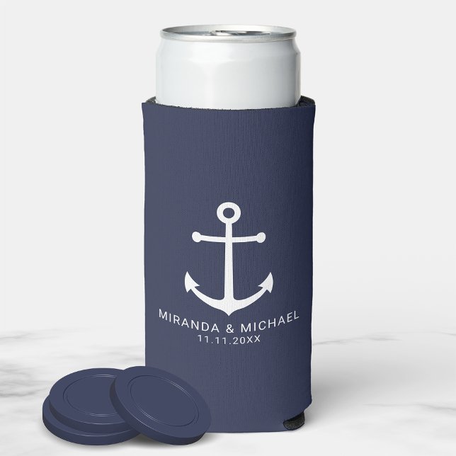 Modern Nautical Navy Blue Anchor Wedding Favor Seltzer Can Cooler (Creator Uploaded)