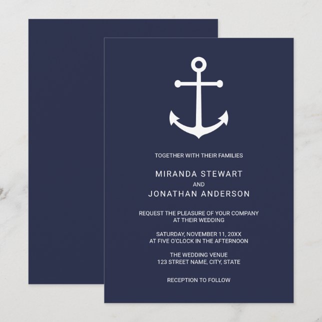 Modern Nautical Navy Blue Anchor Wedding Invitation (Front/Back)