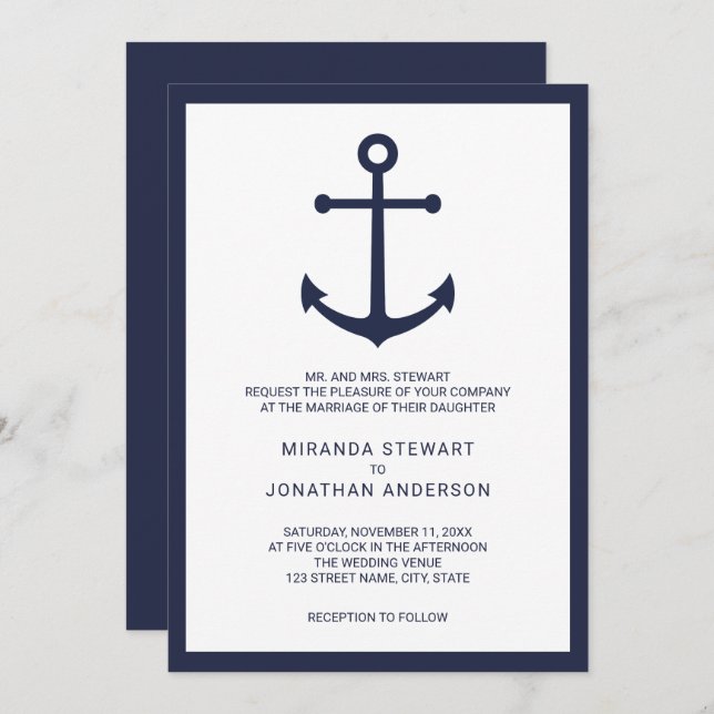 Modern Nautical Navy Blue Anchor Wedding Invitation (Front/Back)
