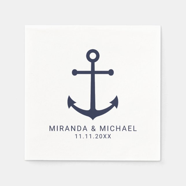 Modern Nautical Navy Blue Anchor Wedding Napkins (Front)