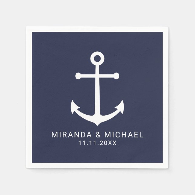 Modern Nautical Navy Blue Anchor Wedding Napkins (Front)