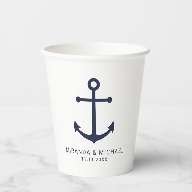 Modern Nautical Navy Blue Anchor Wedding Paper Cups (Front)
