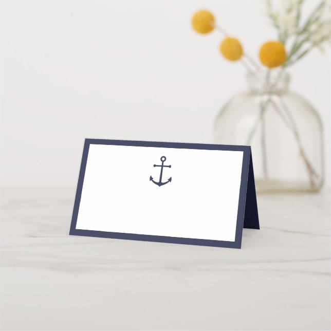 Modern Nautical Navy Blue Anchor Wedding Place Card (Front)