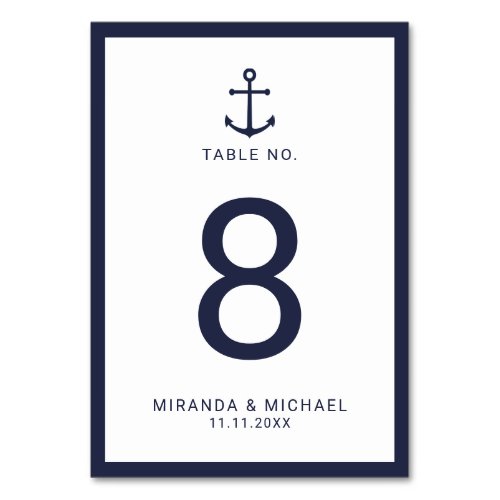 Modern Nautical Navy Blue Anchor Wedding Table Number