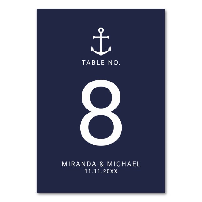 Modern Nautical Navy Blue Anchor Wedding Table Number (Front)