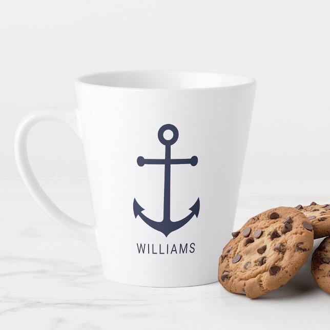 Modern Nautical Navy Blue Anchor with Custom Name Latte Mug (Creator Uploaded)