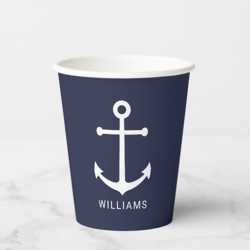 Modern Nautical Navy Blue Anchor with Custom Name  Paper Cups