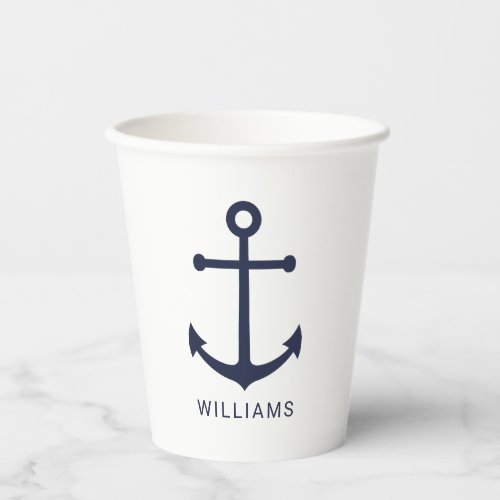 Modern Nautical Navy Blue Anchor with Custom Name Paper Cups