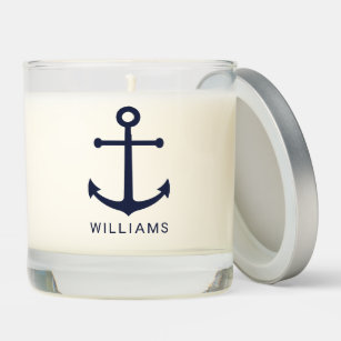 Modern Nautical Navy Blue Anchor with Custom Name Scented Candle