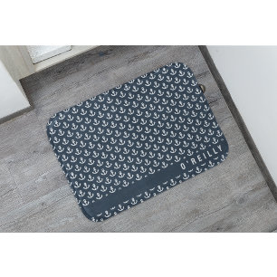 Modern Nautical Navy Blue and White Anchor Pattern Bath Mat