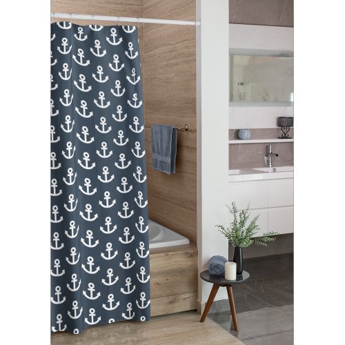 Modern Nautical Navy Blue and White Anchor Pattern Shower Curtain