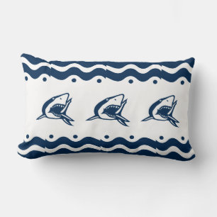 Modern Nautical Navy Blue and white Shark Lumbar Pillow