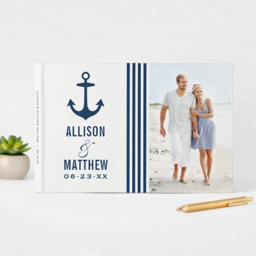 Modern Nautical Navy Blue and White Wedding Photo Guest Book