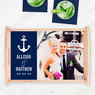 Modern Nautical Navy Blue and White Wedding Photo Serving Tray