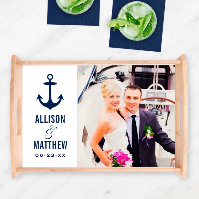 Modern Nautical Navy Blue and White Wedding Photo Serving Tray (Creator Uploaded)