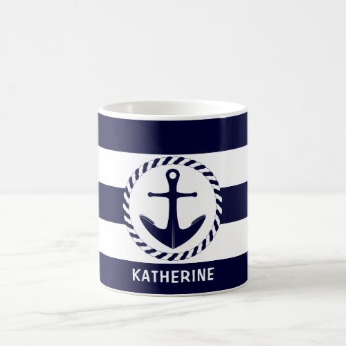 Modern Nautical Navy Blue Striped And Anchor Coffee Mug