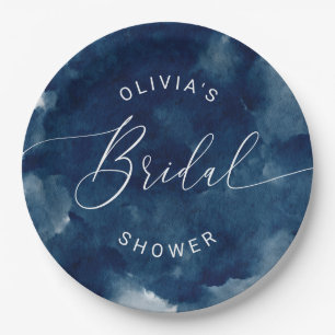 Modern Nautical Navy Blue Watercolor Bridal Shower Paper Plates