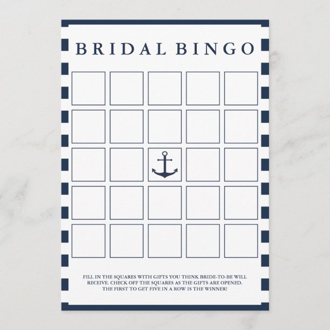 Modern Nautical Navy Bridal Shower Bingo Game (Front)