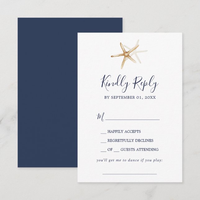 Modern Nautical Navy & Gold Starfish Song Request RSVP Card (Front/Back)