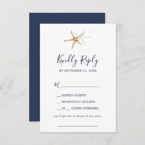 Modern Nautical Navy  Gold Starfish Song Request RSVP Card