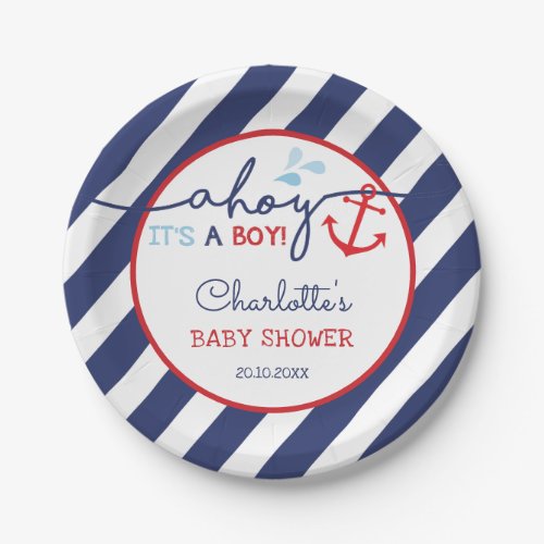 Modern Nautical Navy Red Anchor Ahoy Baby Boy Paper Plates