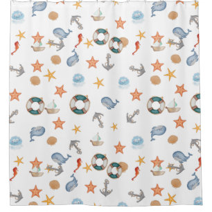 Modern nautical octopus beach ocean anchor white shower curtain