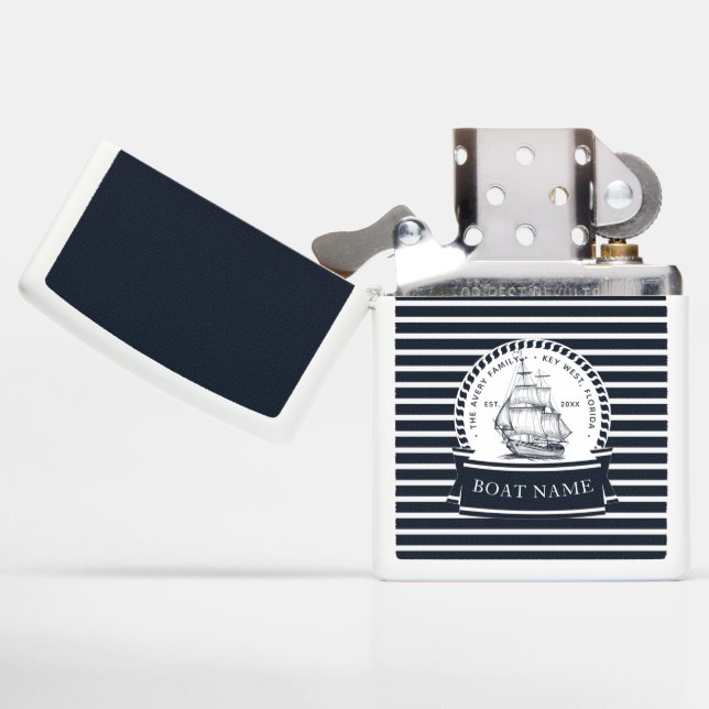 Modern Nautical Personalized Boat Zippo Lighter (Opened)